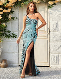 Robe De Bal De Fin D'année Asymétrique En Paillettes Vertes Avec Fente