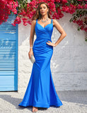 Robe Longue De Bal De Fin D'année Bleue à Col En V Et à Volants
