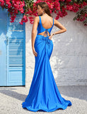 Robe Longue De Bal De Fin D'année Bleue à Col En V Et à Volants