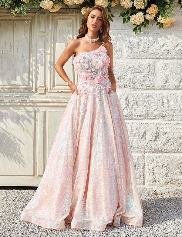 Robe De Bal Asymétrique à Appliques Blush Scintillantes