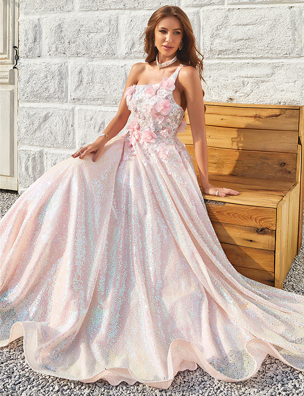 Robe De Bal Asymétrique à Appliques Blush Scintillantes
