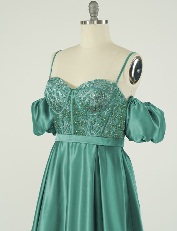 Robe de Soirée Vert en Cœur avec Manches Amovibles