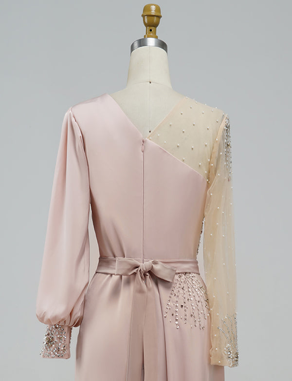Robe de Soirée Brodée en Satin Rose Clair Sirène