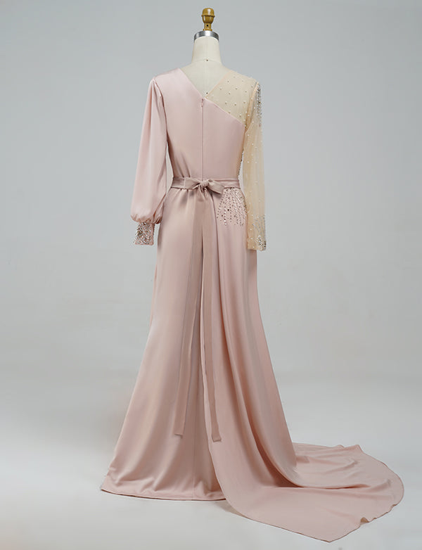 Robe de Soirée Brodée en Satin Rose Clair Sirène