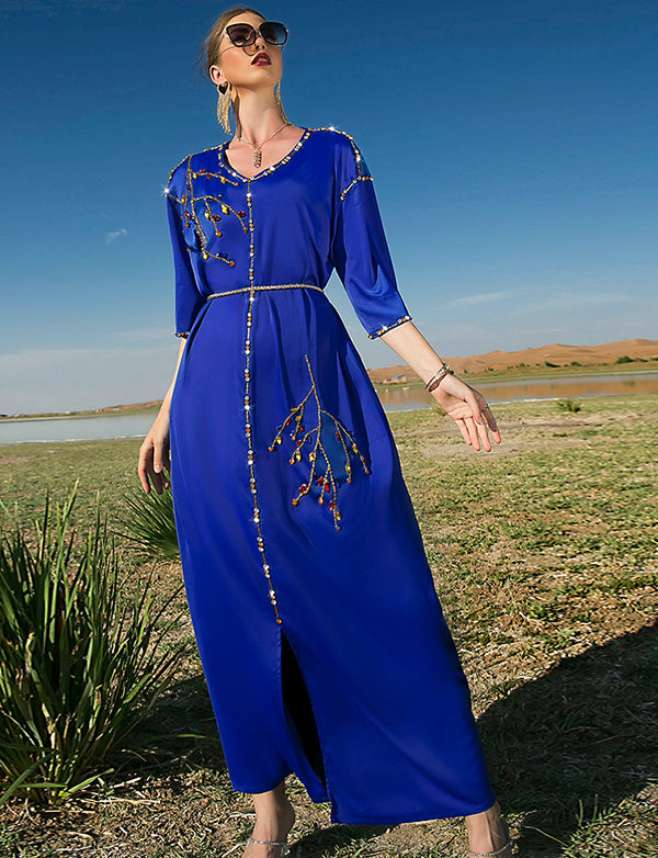 Robe Longue en Satin Bleu Royal à Manches Mi-longues