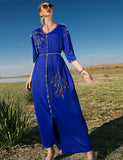 Robe Longue en Satin Bleu Royal à Manches Mi-longues