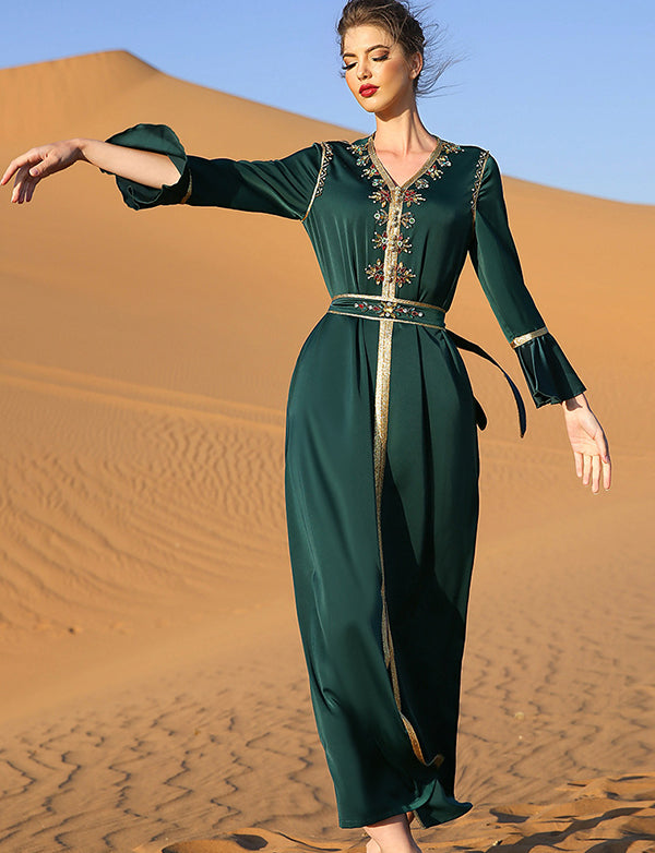 Abaya Robe à Volants Vert Foncé avic Ceinture