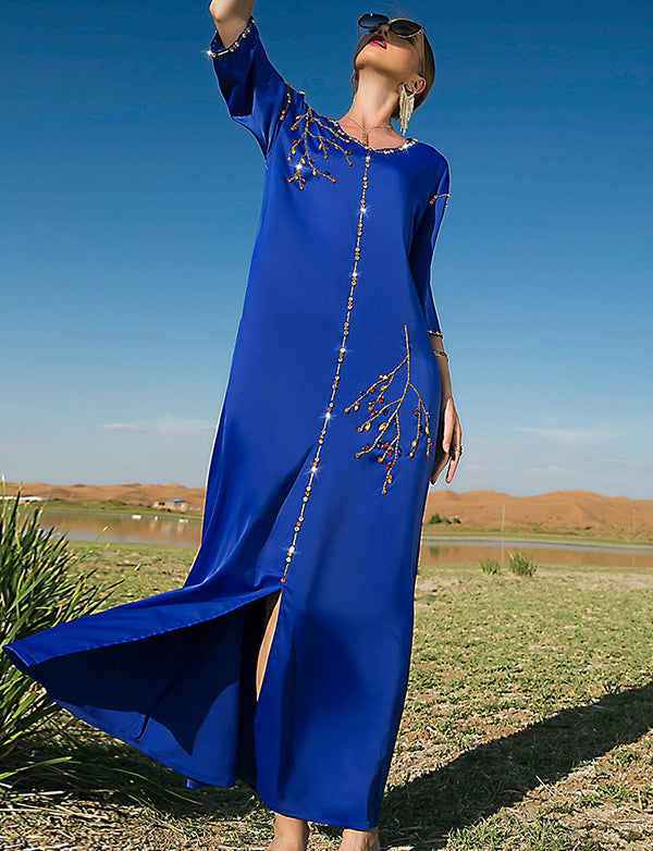 Robe Longue en Satin Bleu Royal à Manches Mi-longues