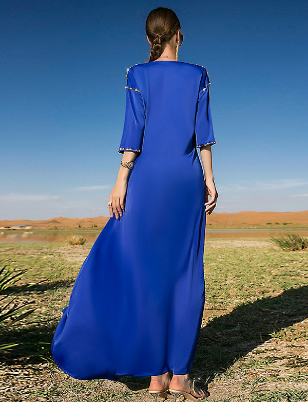 Robe Longue en Satin Bleu Royal à Manches Mi-longues