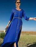 Robe Longue en Satin Bleu Royal à Manches Mi-longues