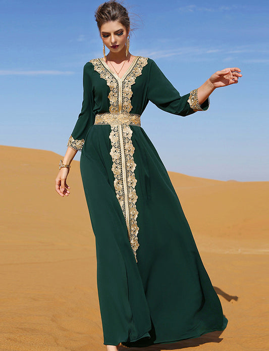 Robe Vintage en Dentelle Brodée Vert Foncé