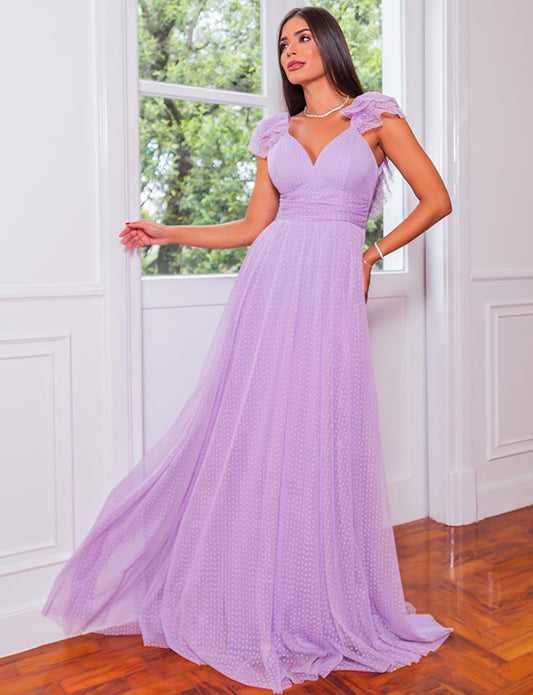 Robe de Soirée Longue en Mousseline à Pois Lilas