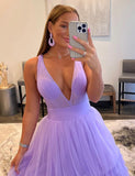 Robe de Soirée Longue en Tulle à Col en V Orange