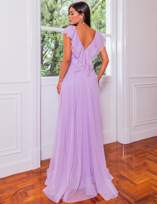 Robe de Soirée Longue en Mousseline à Pois Lilas