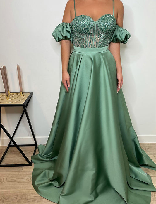 Robe de Soirée Vert en Cœur avec Manches Amovibles