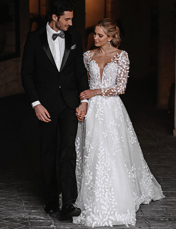 Robe de Mariée Princesse À Manches Longues Et Dos Nu