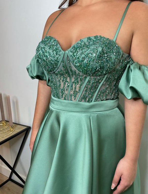 Robe de Soirée Vert en Cœur avec Manches Amovibles