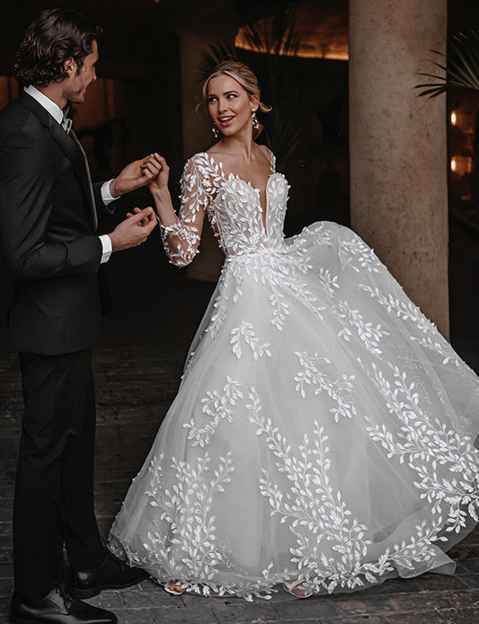 Robe de Mariée Princesse À Manches Longues Et Dos Nu