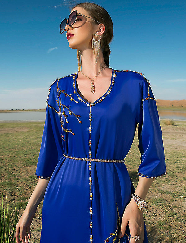 Robe Longue en Satin Bleu Royal à Manches Mi-longues