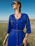 Robe Longue en Satin Bleu Royal à Manches Mi-longues