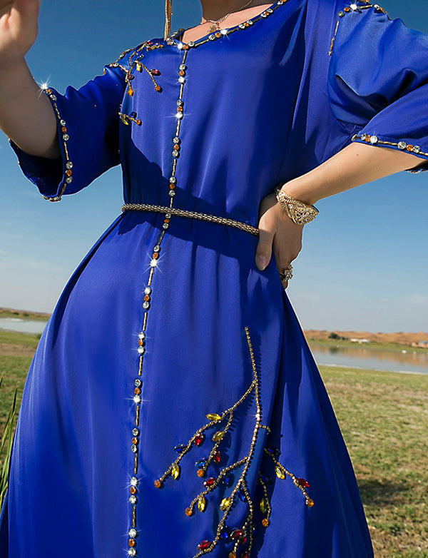 Robe Longue en Satin Bleu Royal à Manches Mi-longues