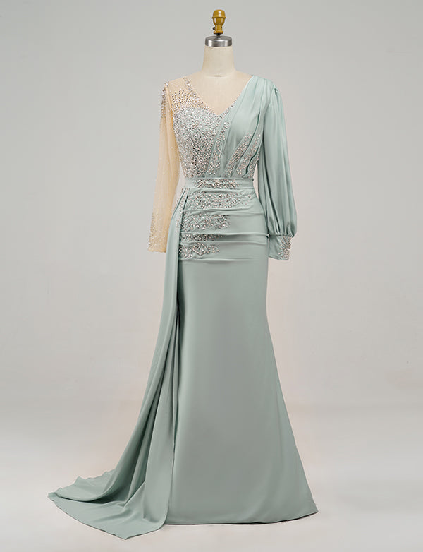 Robe de Soirée Brodée en Satin Vert Sirène