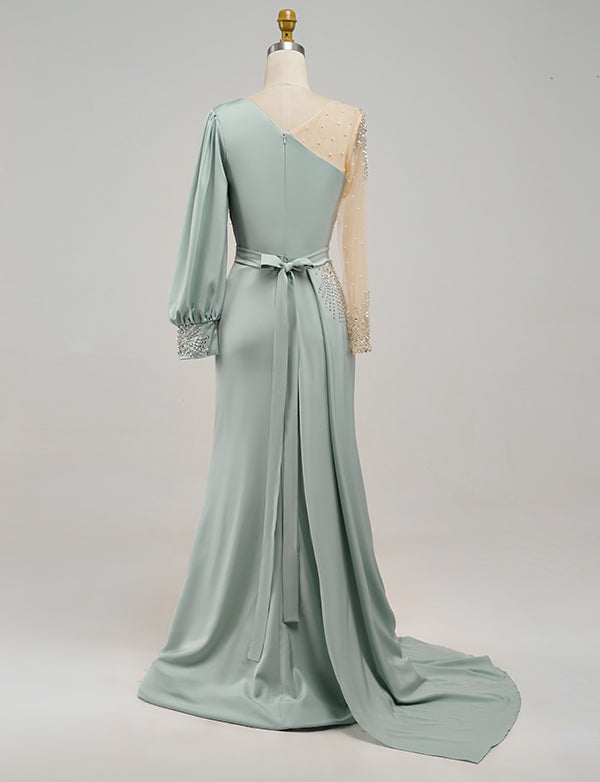 Robe de Soirée Brodée en Satin Vert Sirène