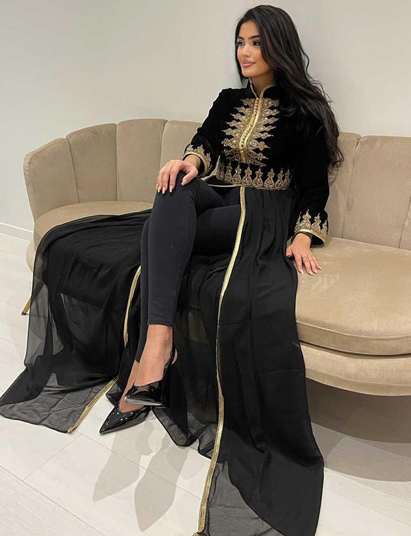 Caftan Marocain Noir Col Haut(Pantalon Non Inclus)