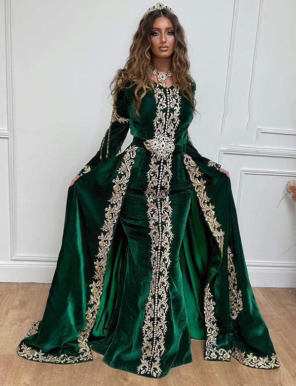 Robe Marocaine en Velours Brodée Verte