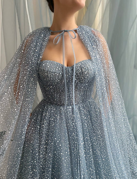 Robe de Soirée Scintillante Bleu Poussiéreux avec Cape