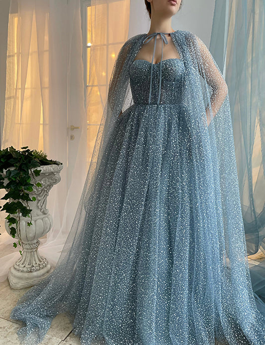 Robe de Soirée Scintillante Bleu Poussiéreux avec Cape