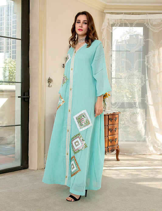 Paillettes Bleu clair Long Marocain Caftan