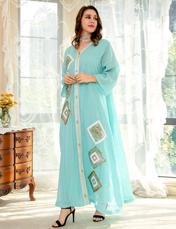 Paillettes Bleu clair Long Marocain Caftan