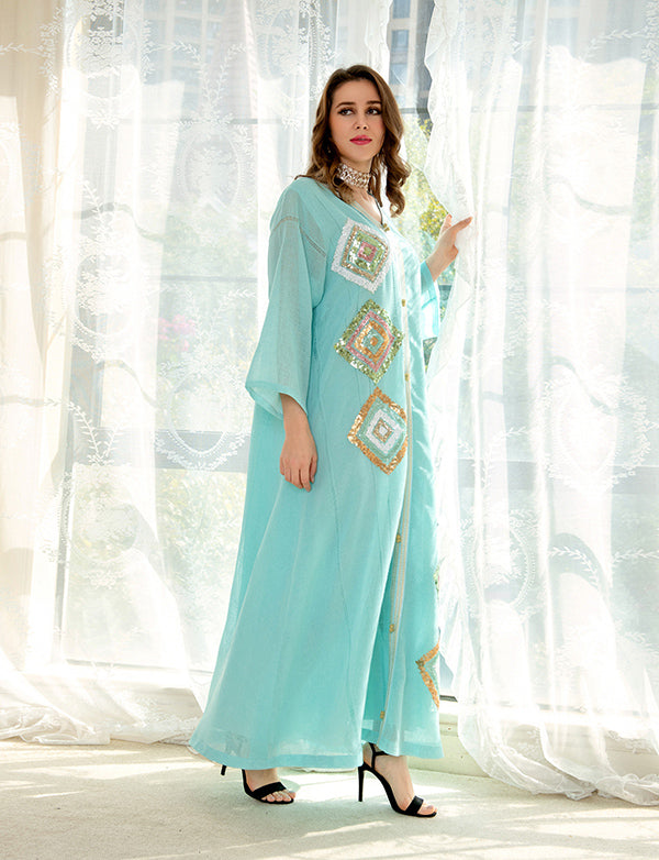 Dressself Abaya Paillettes Bleu clair Long Marocain Caftan Femme