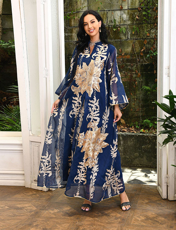 Broderie À Paillettes Bleu Caftan Femmes Robe Arabe