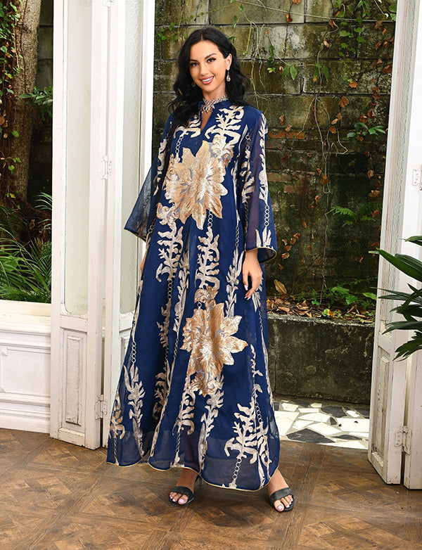 Broderie À Paillettes Bleu Caftan Femmes Robe Arabe