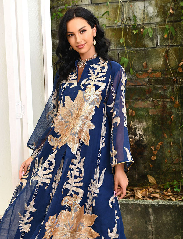 Broderie À Paillettes Bleu Caftan Femmes Robe Arabe