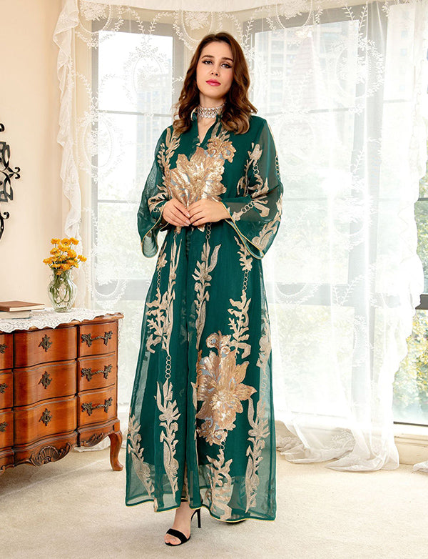 Broderie À Paillettes Bleu Caftan Femmes Robe Arabe