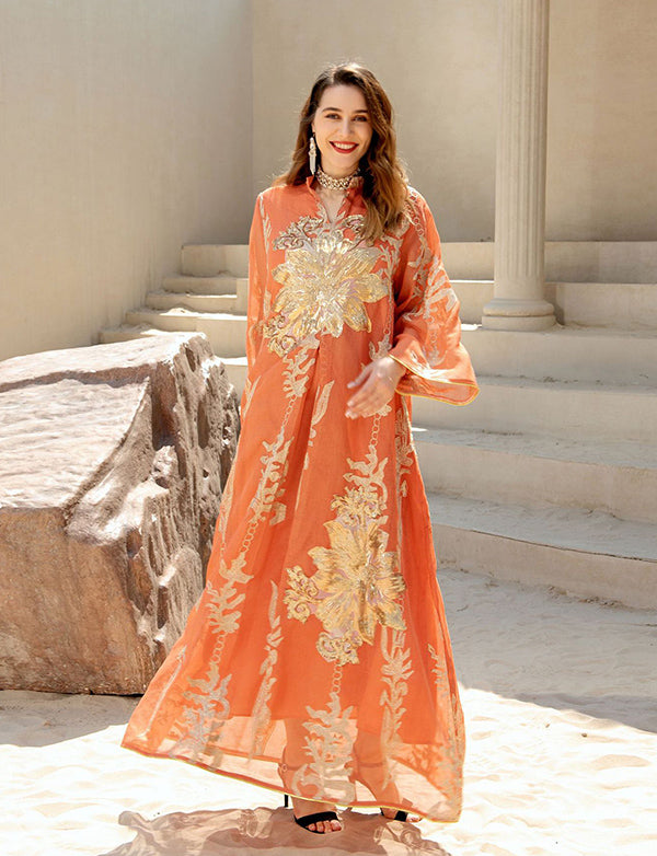 Broderie À Paillettes Orange Caftan Femmes Robe Arabe