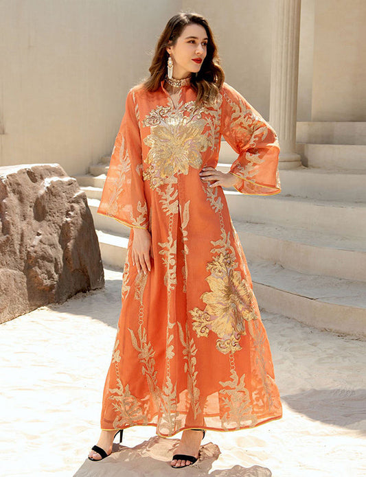 Broderie À Paillettes Orange Caftan Femmes Robe Arabe