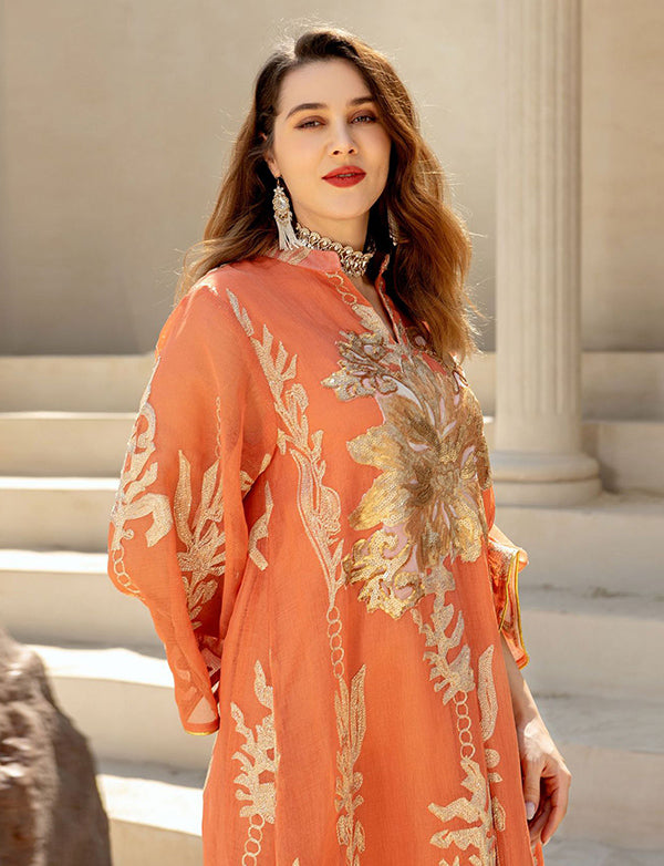 Broderie À Paillettes Orange Caftan Femmes Robe Arabe