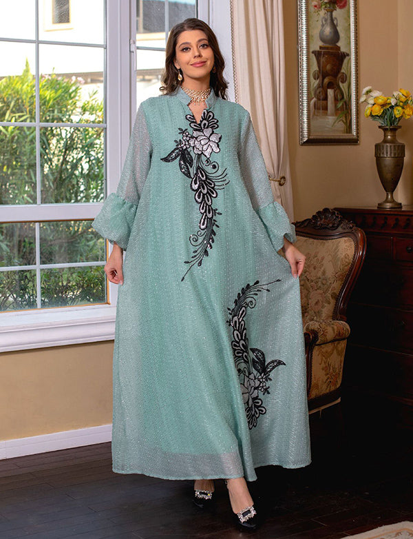 Élégante broderie vert clair Robe longue Abaya