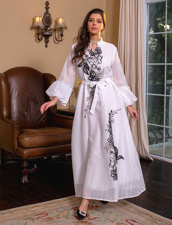 Élégante broderie vert clair Robe longue Abaya