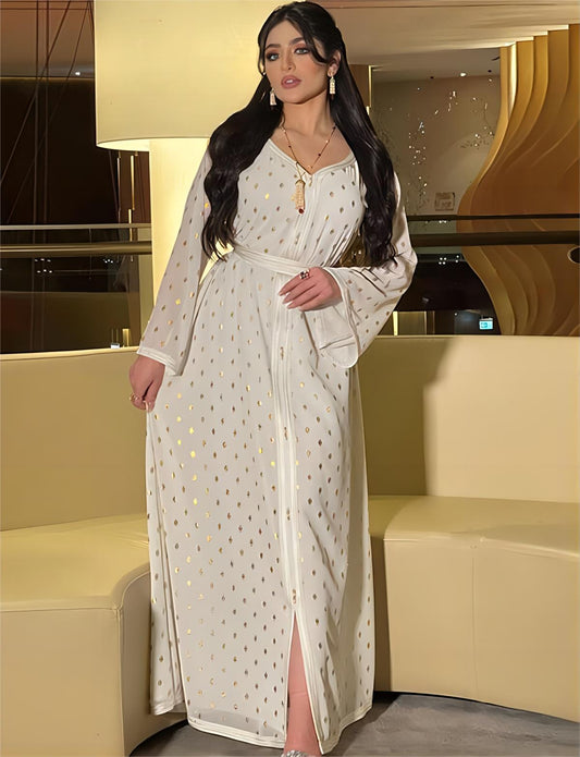 Robe musulmane avec dentelle à pois dorés, ceinture incluse