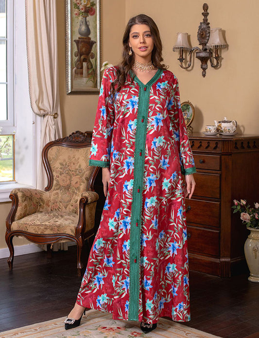 Robe vintage rétro imprimée de printemps pour femmes abaya