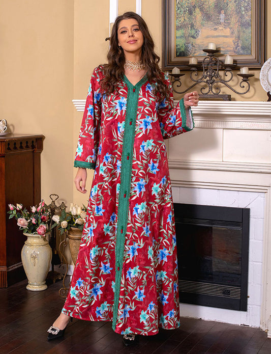 Robe vintage rétro imprimée de printemps pour femmes abaya