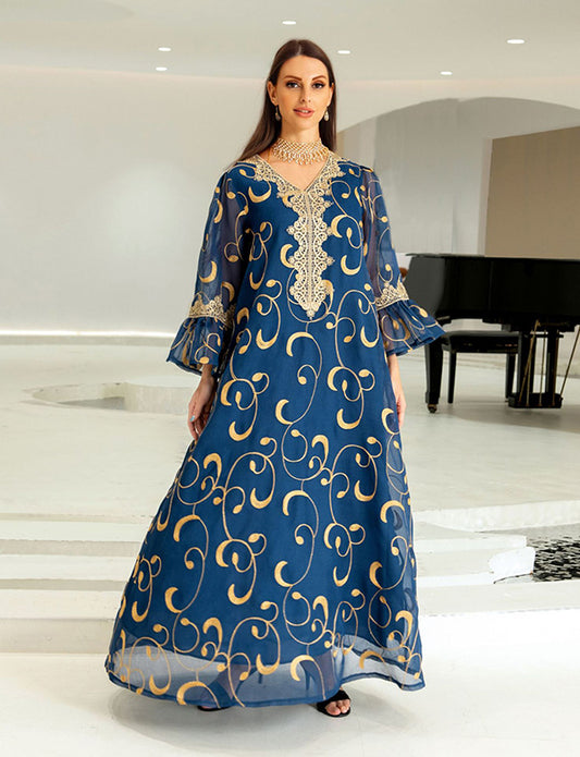 Robe de soirée musulmane en maille brodée à bord évasé