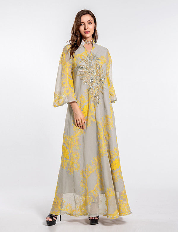 Abaya musulmane perlée robe de soirée jaune polie