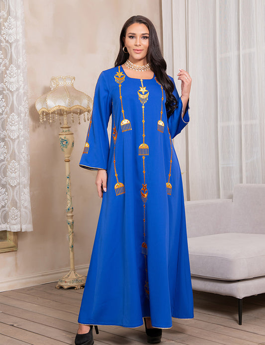 Abaya musulmane brodée robe bleue brodée