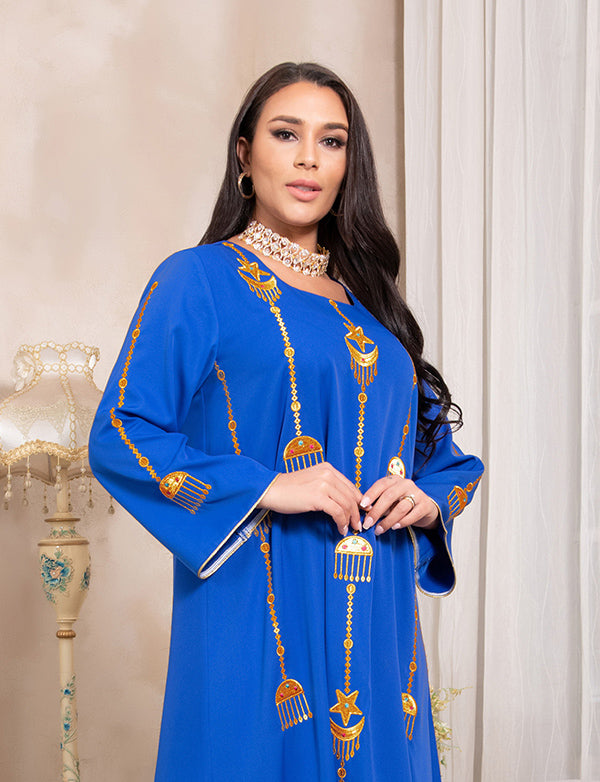 Abaya musulmane brodée robe bleue brodée